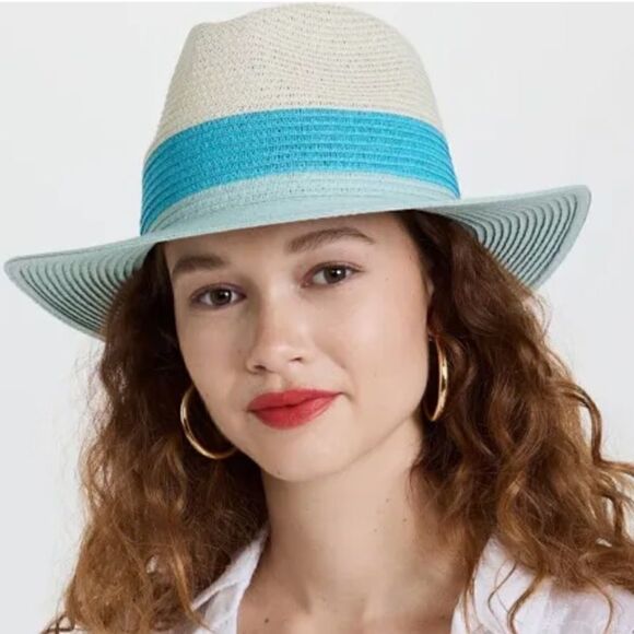 NWT Eugenia Kim Genie Billie Colorblock Packable Straw Fedora in Ivory/Teal/Mint main image 4